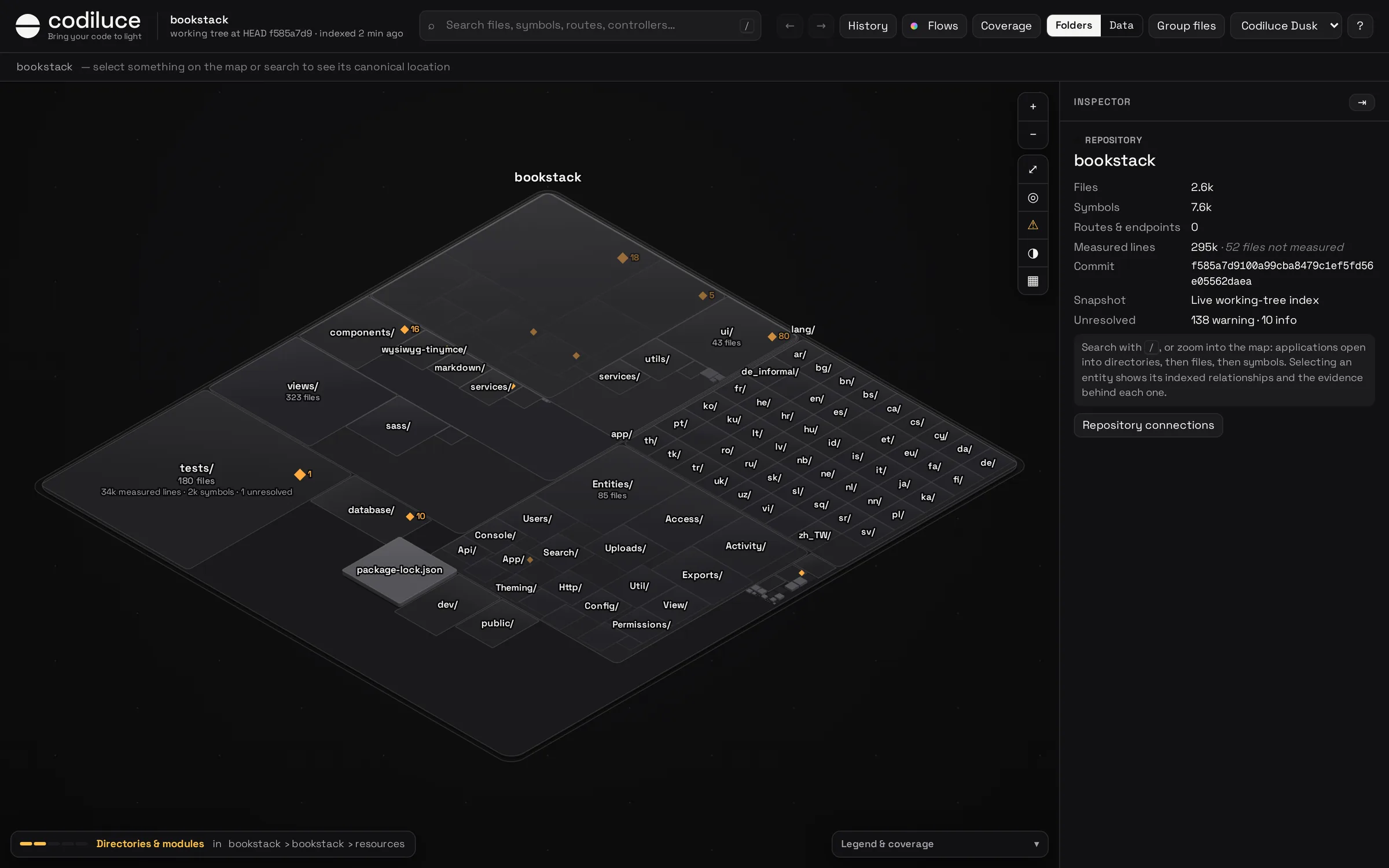 The whole BookStack repository as one isometric plate, with folders such as app, resources, tests and lang drawn as districts.